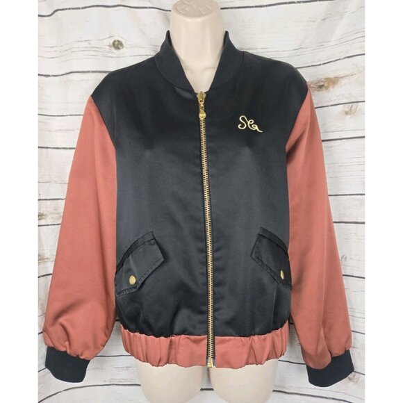 Stine Goya Embroidered Bomber Jacket Womens L Satin Full Zip Brown Black - Picture 1 of 12